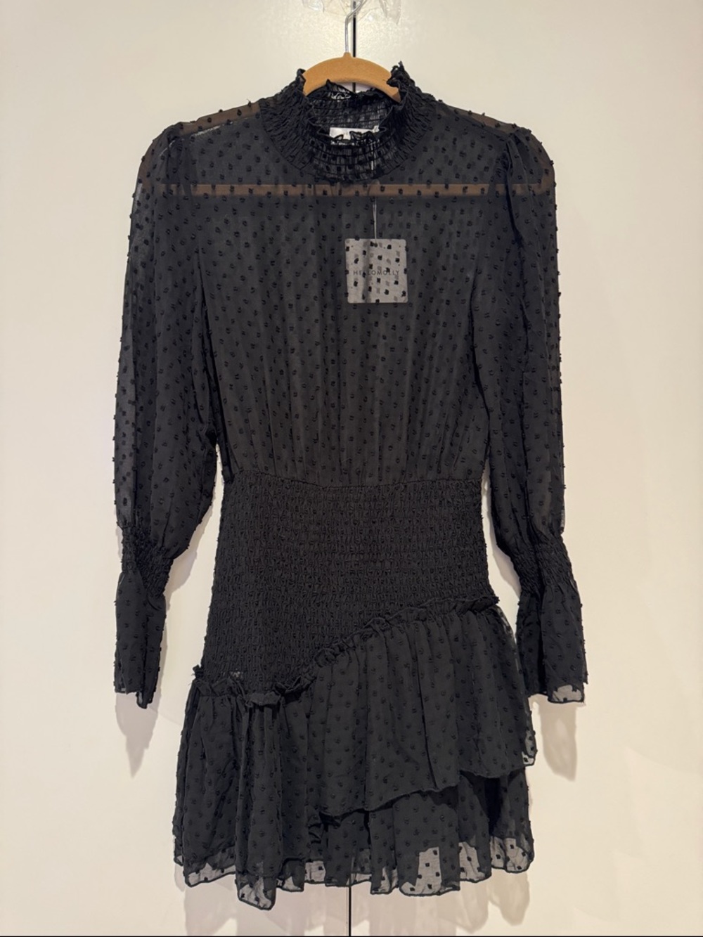 HELLO MOLLY Black Swiss Dot Smocked Waist Long Sleeve Dress